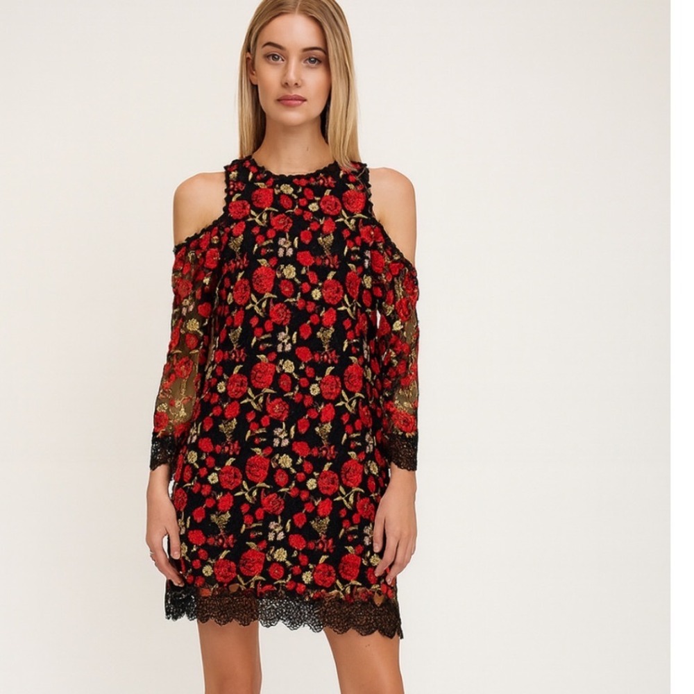 Sugar + Lips Women's‎ Cold Shoulder Dress Embroidered With Delicate Flowers Sma